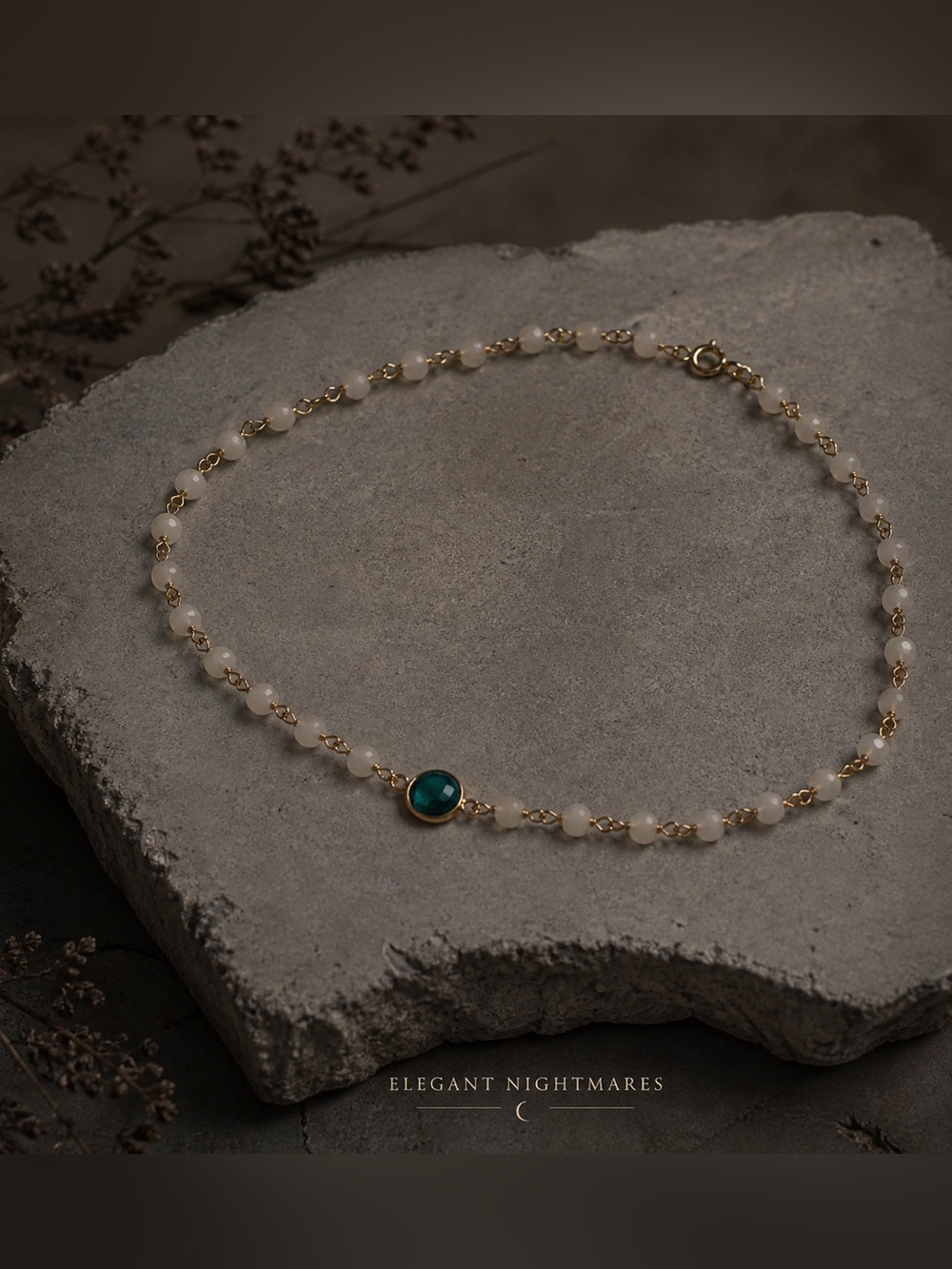 White Chalcedony & Teal Gemstone Choker Necklace, Gold Filled, Dainty